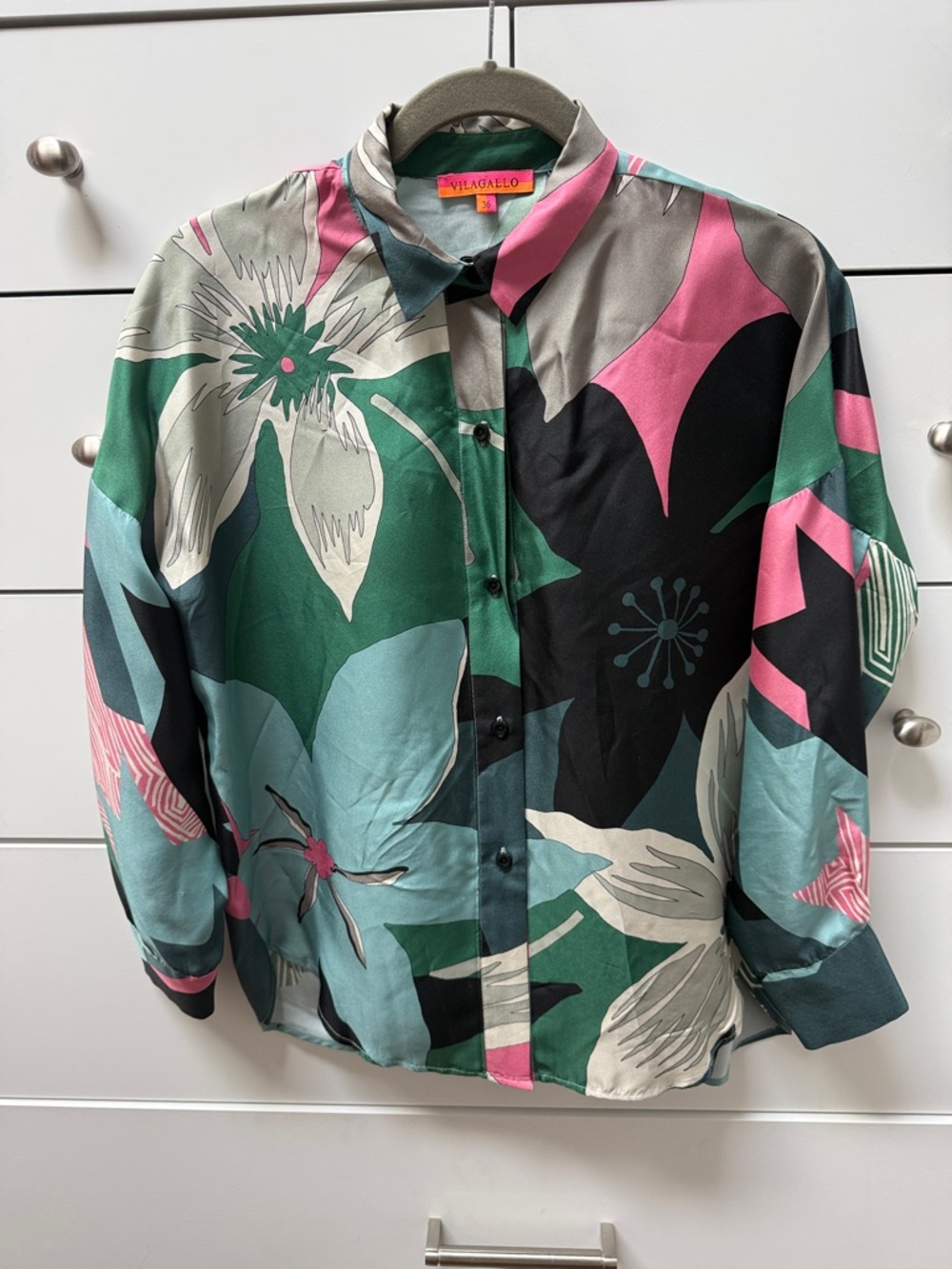 Vilagallo Bold Floral Silk Button-Up Blouse — Green, Pink, Black, Teal